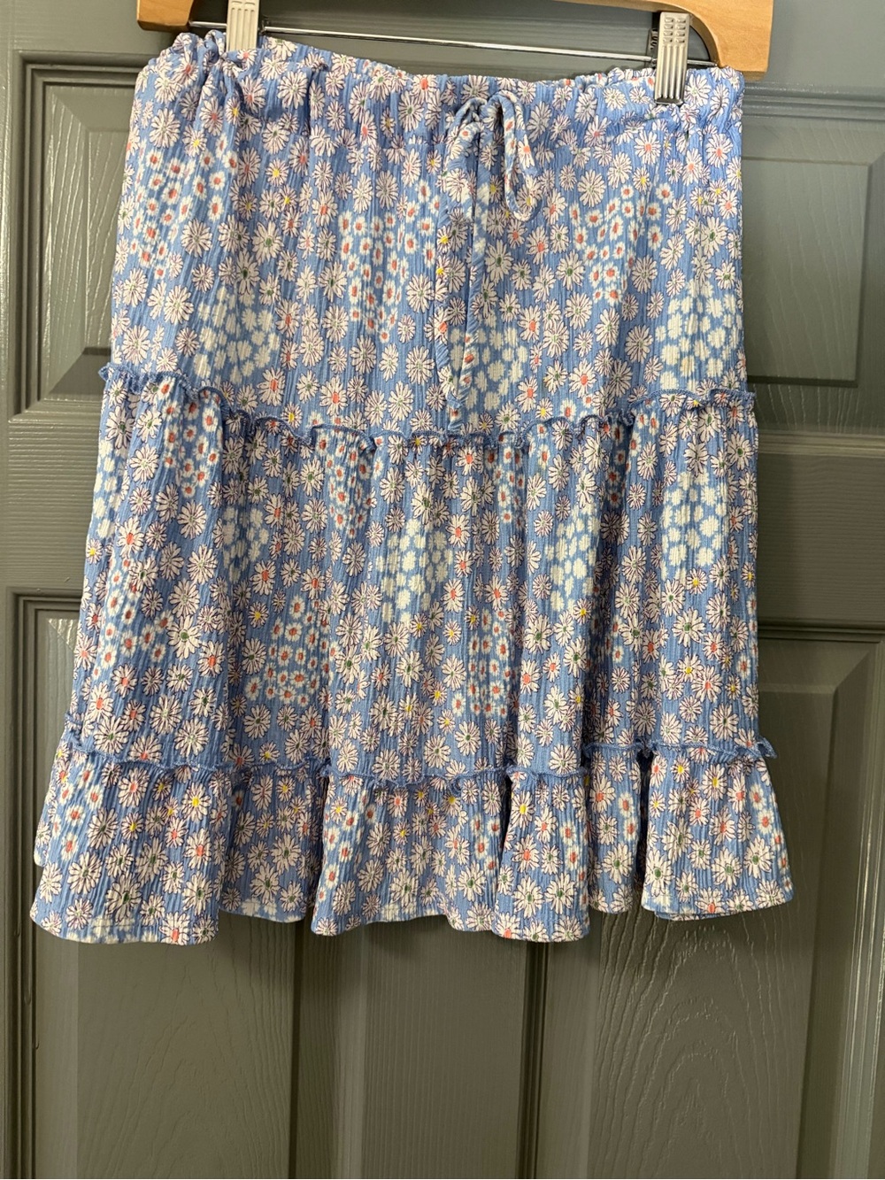 Caution To The Wind Floral Ribbed Drawstring Ruffle Short Skirt Blue M